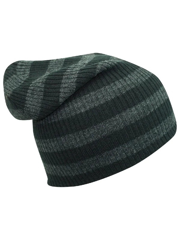 Dark Gray Striped Knit Slouchy Beanie Cap Hat