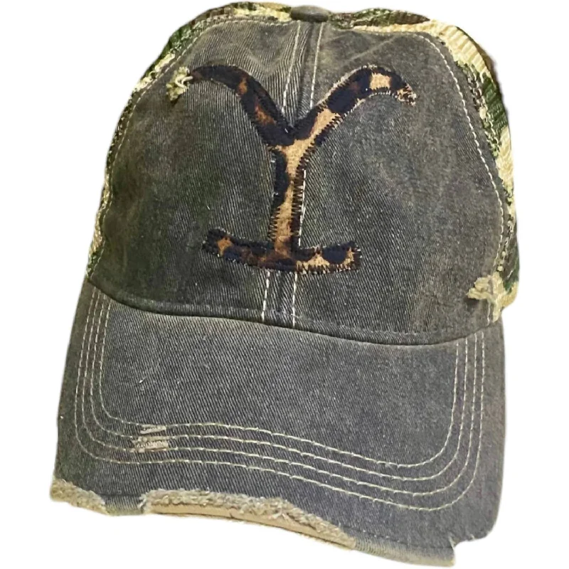 Distressed Yellowstone Trucker Cap In Black With Camo Mesh