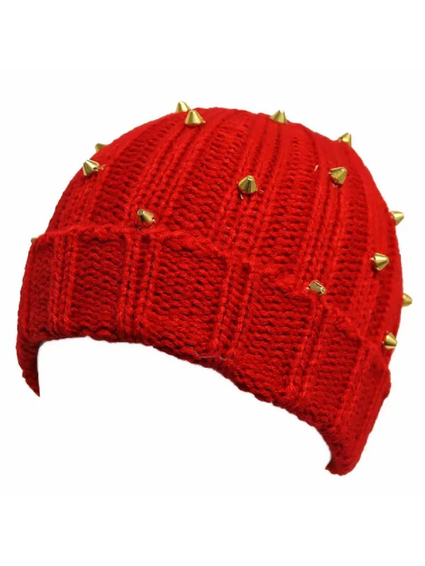 Red Knit Beanie Cap Hat With Gold Spikes