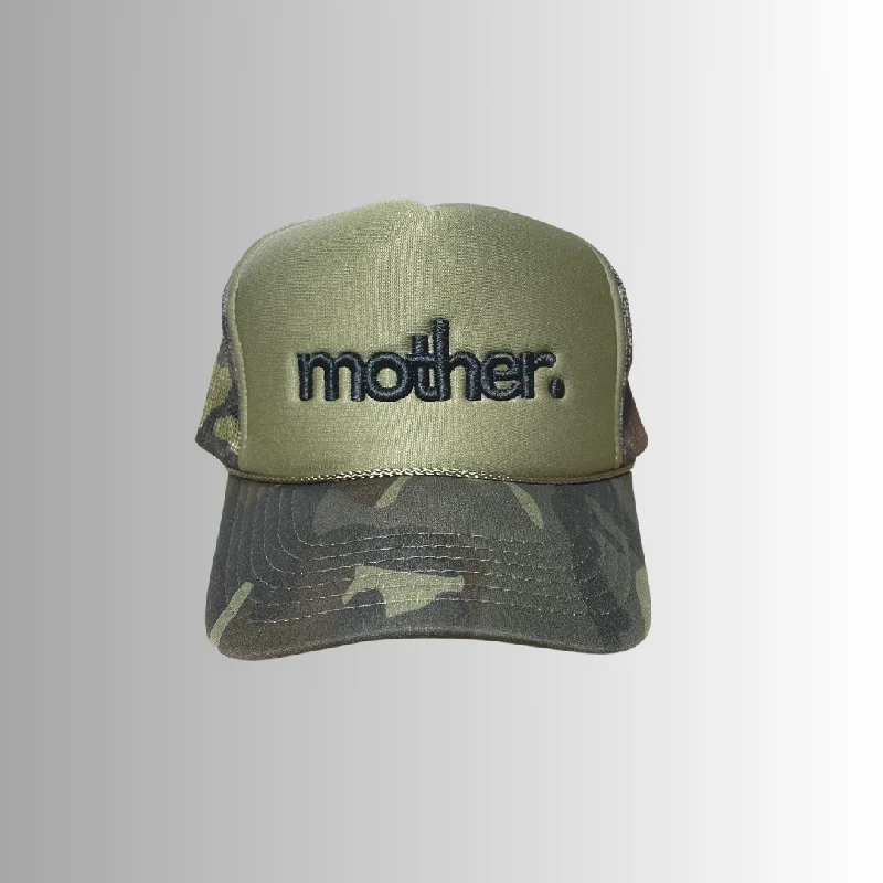 "mother." Embroidered Trucker Hat - Olive + Camo