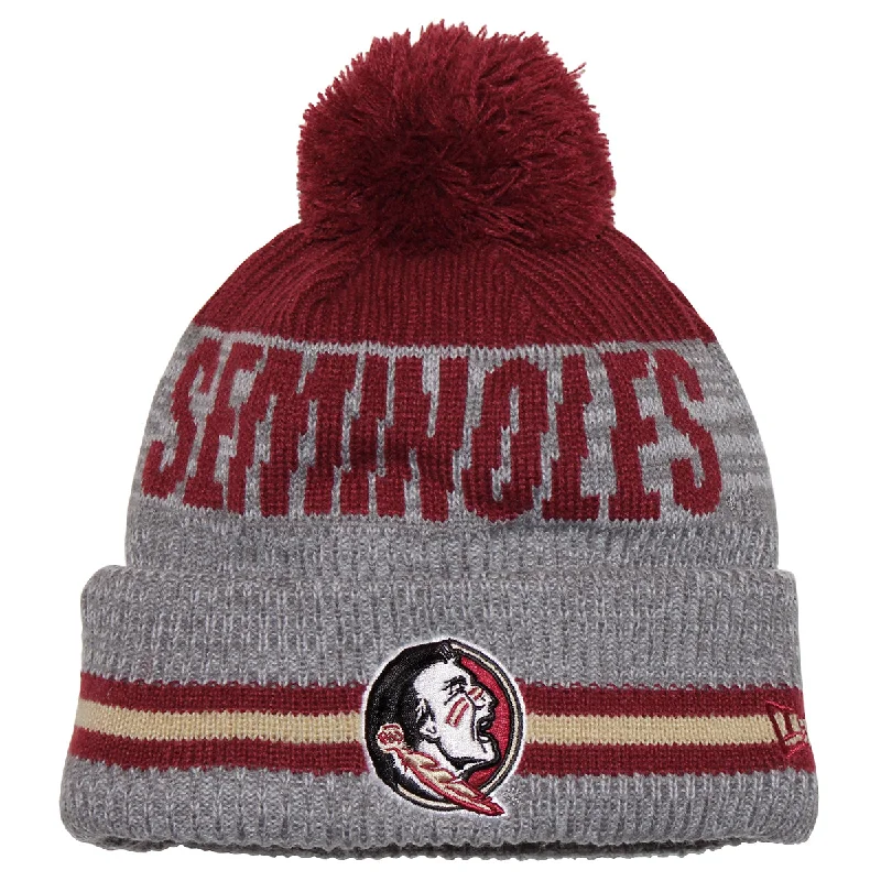 New Era Seminole Logo/Seminoles Cuff Fleece Lined Pom Knit Cap - Garnet/Grey