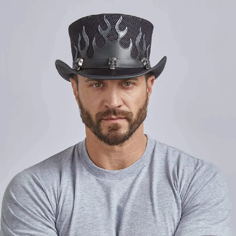 Flames | Mens Biker Leather Top Hat with Skull Hat Band