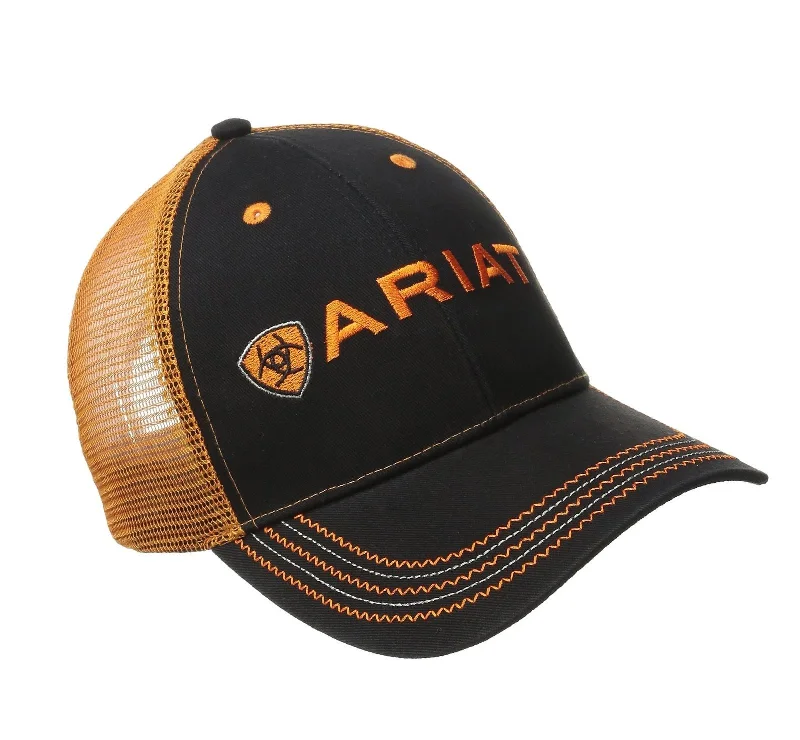 MF Western Ariat Black Orange Mesh Back Ball Cap Hat Style 15160276