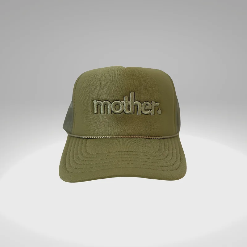 "mother." Embroidered Trucker Hat - Olive