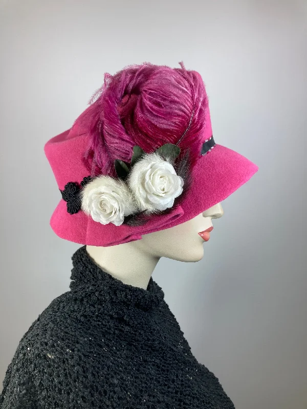 Womens winter cloche felt hat. Pink black white wool Hat. Ladies 1920s Style. Downton Abbey hat.  Slow Fashion handmade ladies stylish hat.