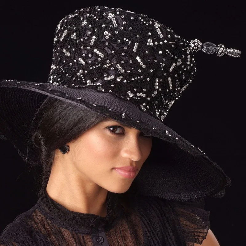 OE-8011-Year-round ladies satin dress hat with lace and rhinestones