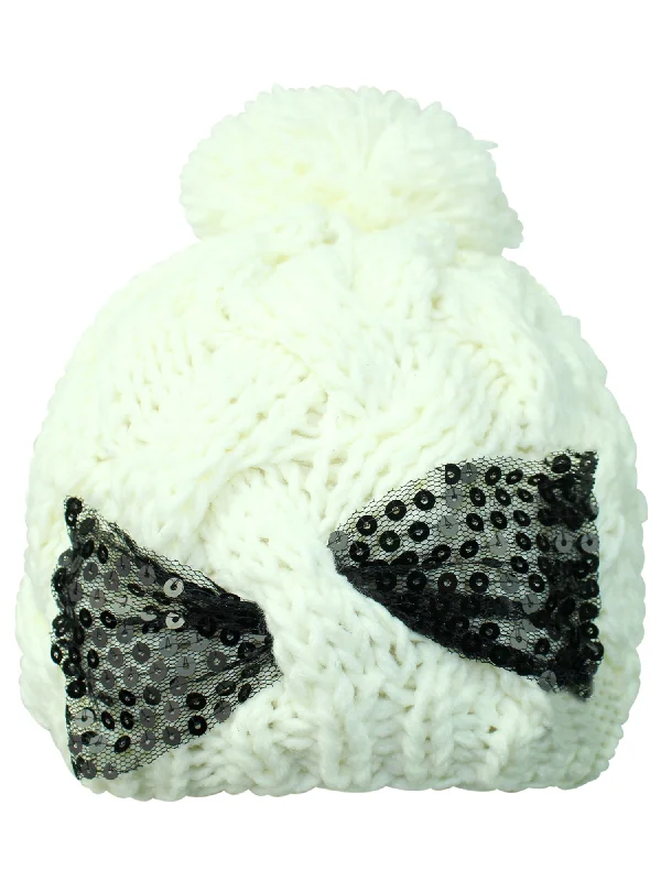 Cable Knit Beanie Cap With Sequin Bow