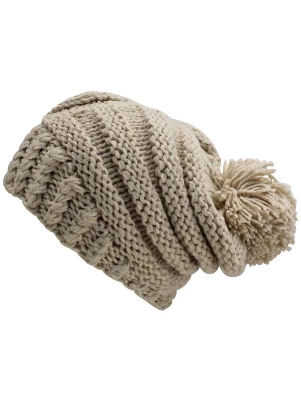 Beige Thick Winter Slouchy Knit Hat With Pom Pom