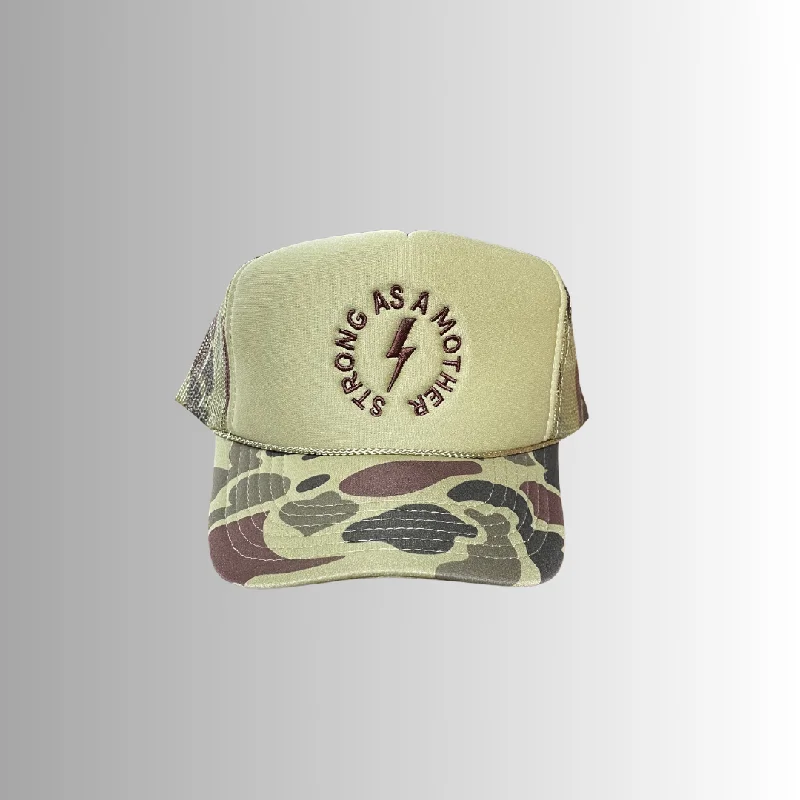 Strong as a mother™ Embroidered Trucker Hat - Camo + Olive