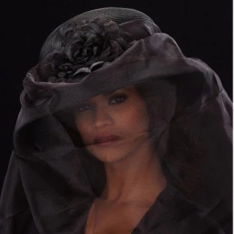 F3006-Uneven long black mourning veil funeral straw dress hat with flower