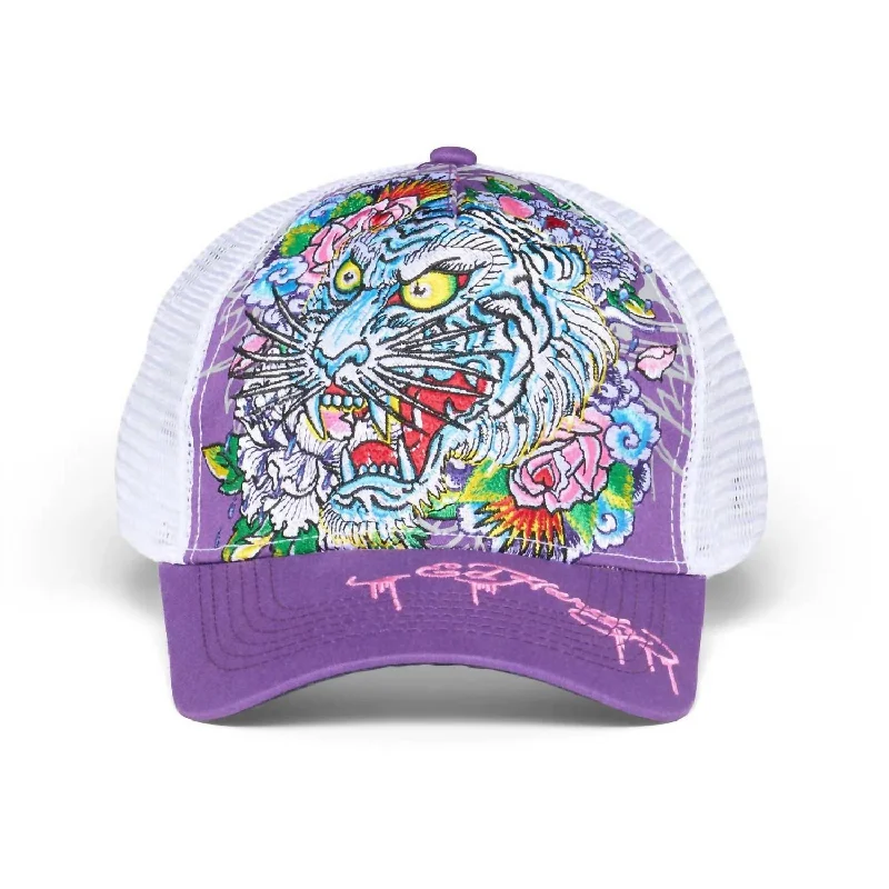 Men's Embroidered Floral Tiger Hat In Purple/white