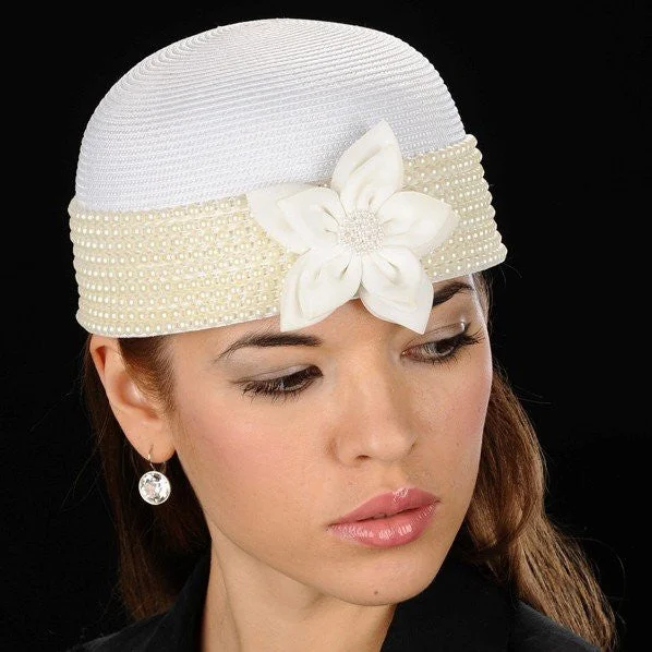 BW9015-White Pearl Straw Dress Hat