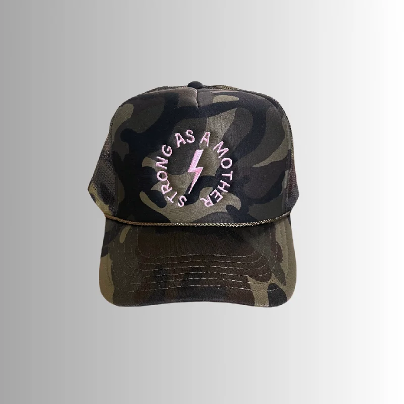 Strong as a mother™ Embroidered Trucker Hat - Camo + Baby Pink