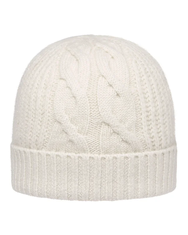 Women's Cable Rib Cashmere Hat With Lurex Snow Grey Sparkle