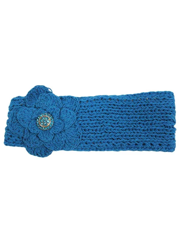 Hand Knit Headband With Rhinestone Flower