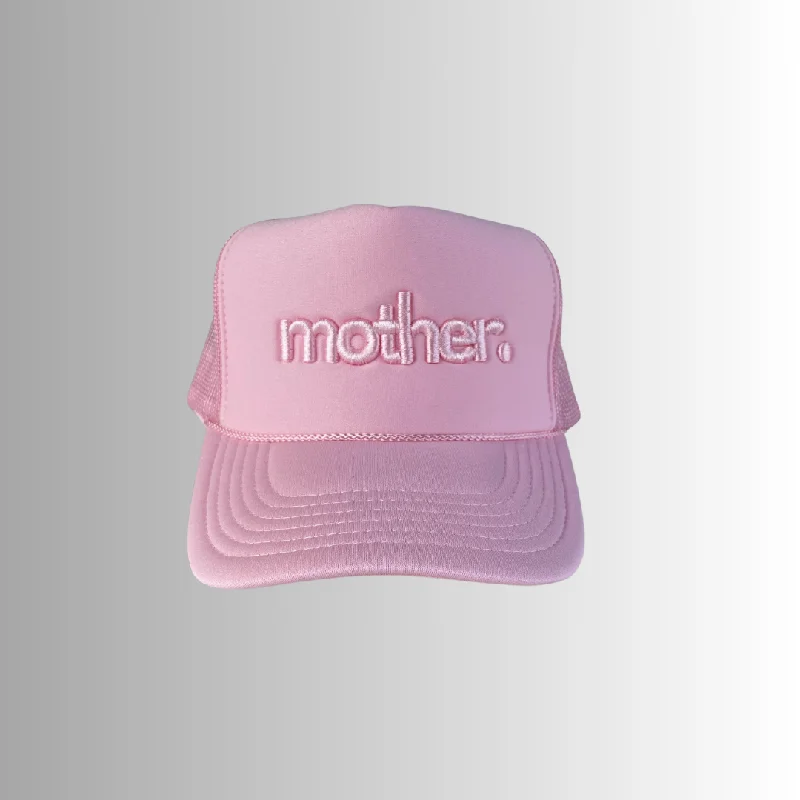 "mother." Embroidered Trucker Hat - Flamingo Pink