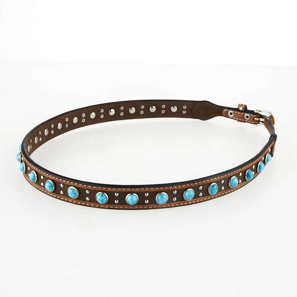 Medium Brown Leather Hat Band with Turquoise Stones & Studs