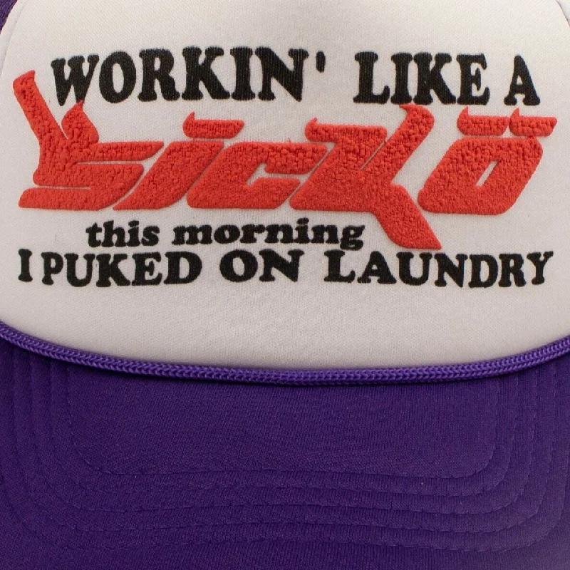 Purple & White Working Like a Sicko Trucker Hat