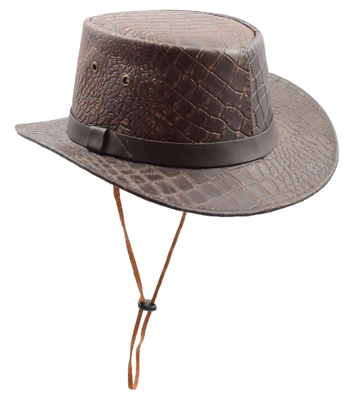 Leather Hat Removable Chin Strap Croc Print HL002 Brown